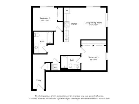 Floor plan for 2 beds, 2 baths, 957 sqft